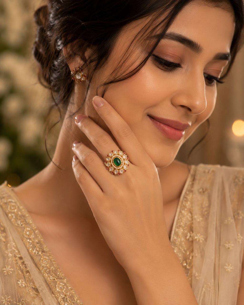 Emerald Kundan Bloom Ring