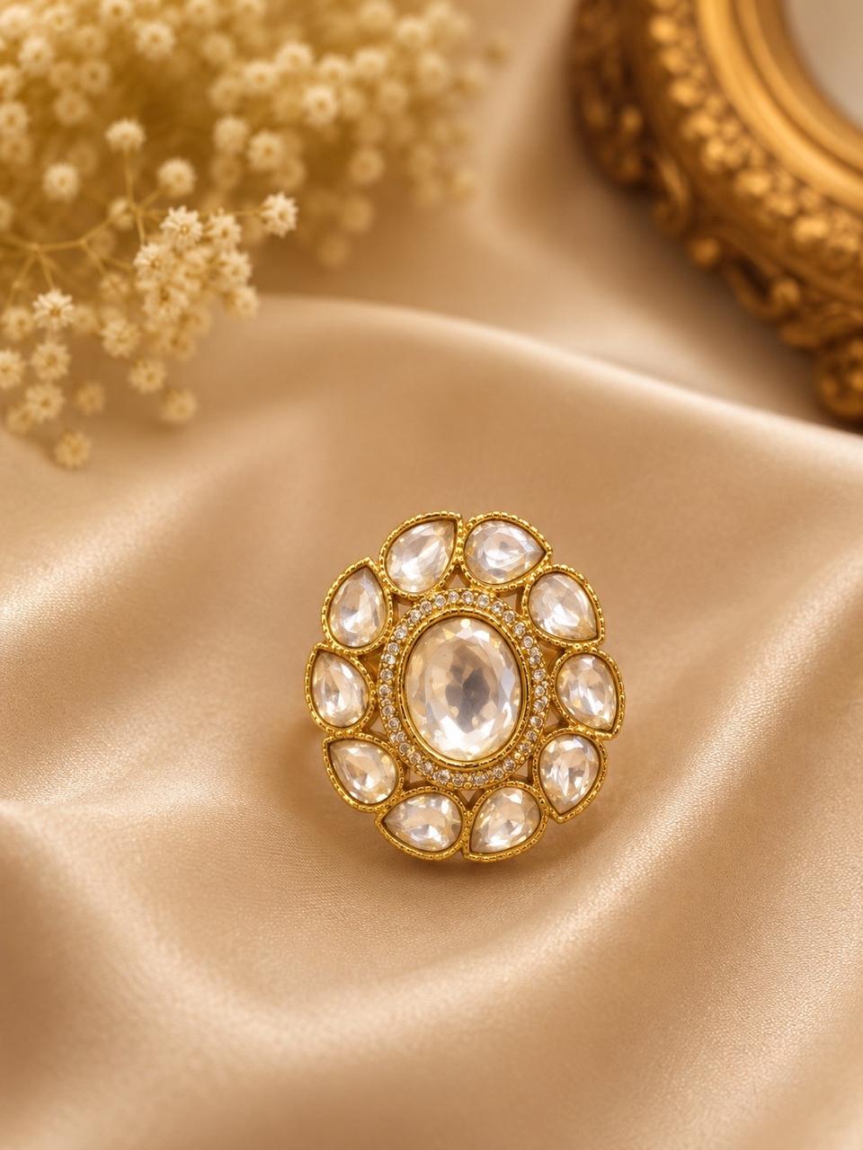 Moonstone kundan bloom ring   white & gold rings